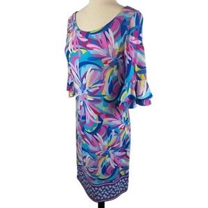 Pappagallo Floral Abstract Print 3/4 Sleeve Ruffle Cuff Sheath Dress Size Medium